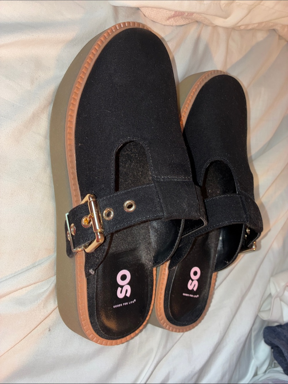 SO Black Platform Mules with Gold Buckle Accent